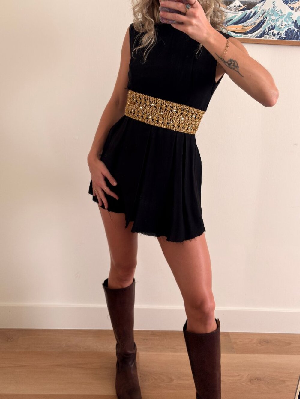 Vintage 60s Black Gold Beaded Mini Dress High Neck XS
